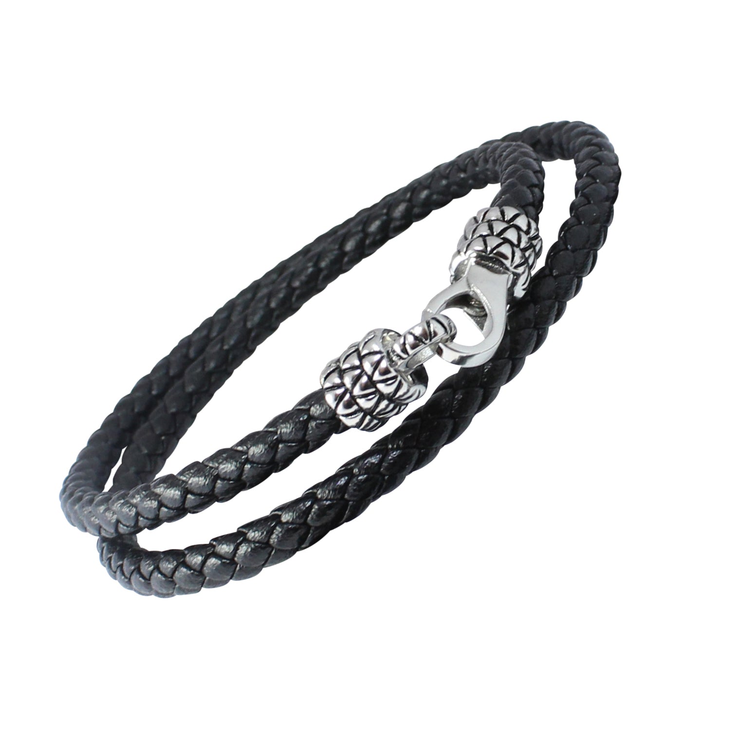 DRAGON SKIN - Braided Black Wrap Bracelet in Leather with Stainless Steel. 17