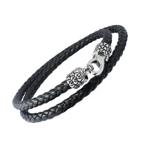DRAGON SKIN - Braided Black Wrap Bracelet in Leather with Stainless Steel. 17"