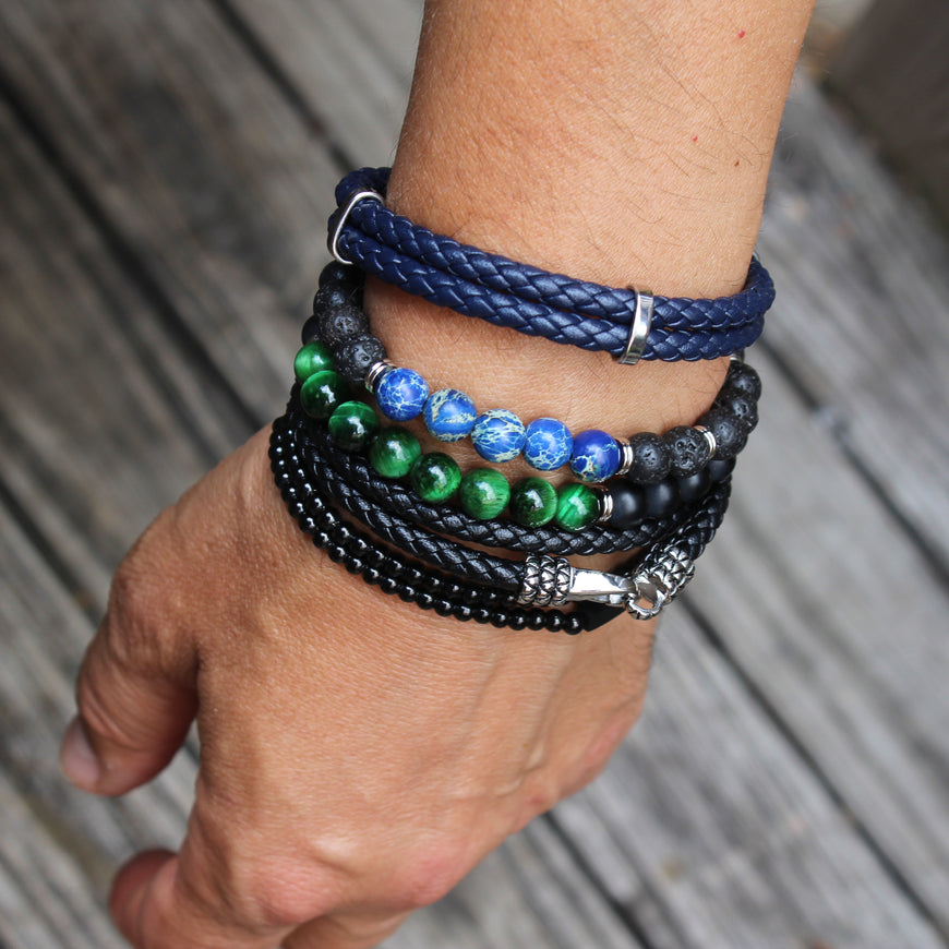 BLUES - Blue Lapis and Black Lava Bead  Bracelet