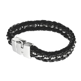 STEELX - Stainless Steel Oval Linked Braided Black Leather Bracelet 8"