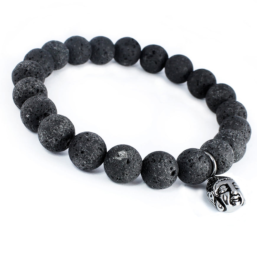 BUDDHA - Stainless Steel Lava Bead, Buddha Charm Bracelet 8.5