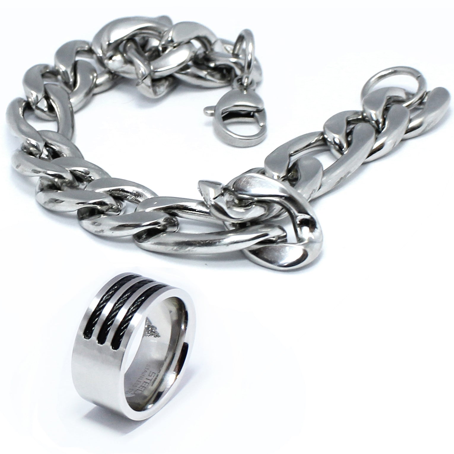 STEEL - Stainless Steel Ring and Linked Bracelet Duo Size 9, 8.5
